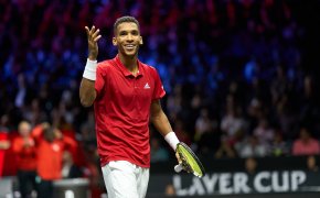 Felix Auger-Aliassime (CAN) reacts to a point against Matteo Berrettini (ITA) in a Laver Cup singles match