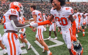 Clemson players celebrate an OT win over Wake Forest