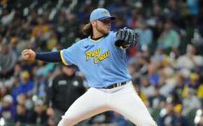 Milwaukee Brewers starting pitcher Corbin Burnes mid-delivery