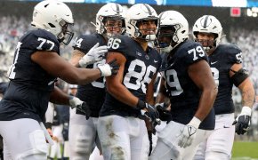 Penn State Nittany Lions tight end Brenton Strange celebrates with his teammates after scoring a touchdown