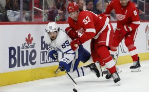 Toronto Maple Leafs left wing Nicholas Robertson and Detroit Red Wings defenseman Moritz Seider battle for the puck
