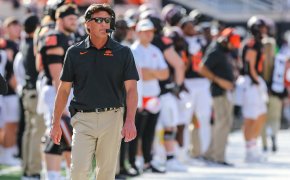 Oklahoma State head coach Mike Gundy walks the sidelines