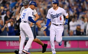 Los Angeles Dodgers shortstop Trea Turner rounds third base on his home-run trot