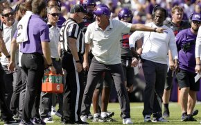 TCU Horned Frogs head coach Sonny Dykes yells at the official