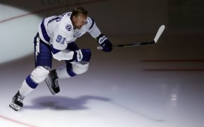Tampa Bay Lightning center Steven Stamkos takes the ice for warm ups before the game