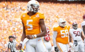 Tennessee quarterback Hendon Hooker smiles after a Tennessee touchdown during Tennessee's game against Alabama