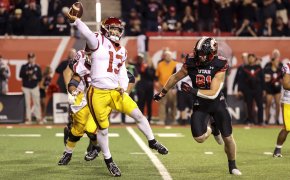 USC Trojans quarterback Caleb Williams throws the ball away