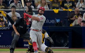 Phillies slugger Kyle Schwarber admires a home run