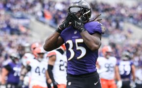 Baltimore Ravens Gus Edwards celebrating touchdown