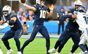 Los Angeles Chargers quarterback Justin Herbert throws a pass