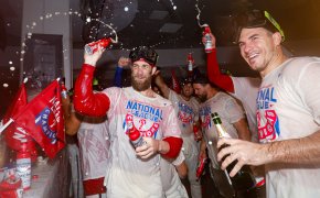 Phillies players celebrate making the World Series.