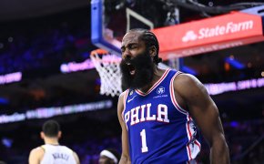 Philadelphia 76ers guard James Harden reacting to a basket