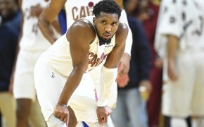 Cleveland Cavaliers guard Donovan Mitchell rests with his hands on his knees