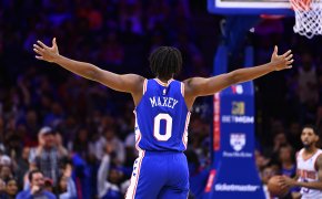 Philadelphia 76ers guard Tyrese Maxey celebrates a basket