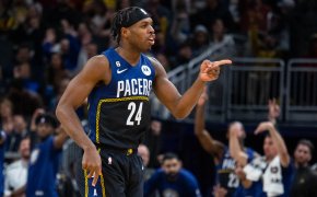 Indiana Pacers guard Buddy Hield celebrates a basket