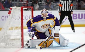 Los Angeles Kings goaltender Cal Petersen protects the goal