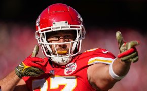 Kansas City Chiefs tight end Travis Kelce celebrates after a play