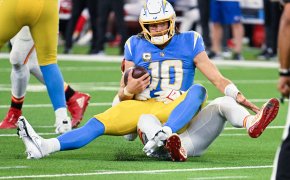 Los Angeles Chargers quarterback Justin Herbert is sacked