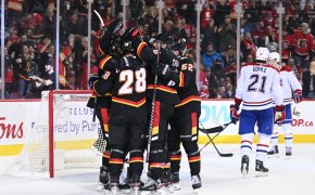 Calgary Flames forward Elias Lindholm celebrates his goal