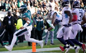 Philadelphia Eagles quarterback Jalen Hurts scores a touchdown