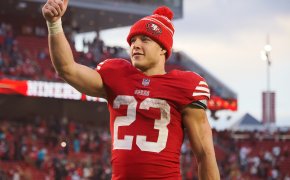 San Francisco 49ers running back Christian McCaffrey giving the crowd the thumbs up