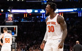 New York Knicks forward Julius Randle reacts to getting a technical foul