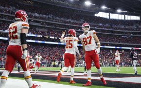 Chiefs players celebrate after a touchdown