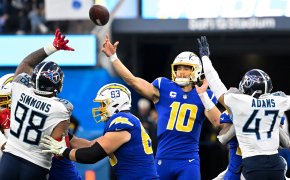 Los Angeles Chargers quarterback Justin Herbert throwing a pass