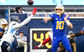 Justin Herbert throws pass vs Tennessee Titans; Los Angeles Chargers