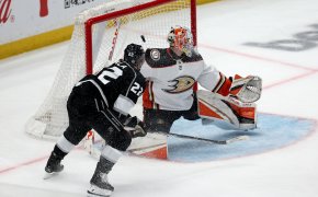 Los Angeles Kings left wing Kevin Fiala (22) scores a goal against Anaheim Ducks goaltender Lukas Dostal