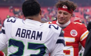 Kansas City Chiefs quarterback Patrick Mahomes talking to Seattle Seahawks safety Johnathan Abram
