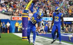 Los Angeles Rams tight end Tyler Higbee celebrates with wide receiver Van Jefferson