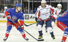 Alex Ovechkin skates vs New York Rangers