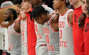 Ohio State Buckeyes stand for national anthem
