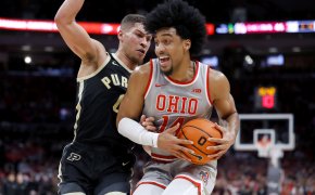 Ohio State Buckeyes forward Justice Sueing holds the ball near the basket