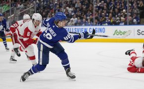 Toronto Maple Leafs forward William Nylander shoots the puck against the Detroit Red Wings