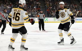 Boston Bruins David Pastrnak and David Krejci celebrate goal