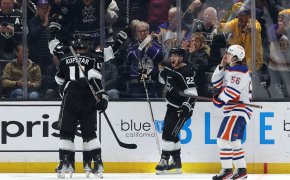 Los Angeles Kings left wing Kevin Fiala celebrates with right wing Adrian Kempe