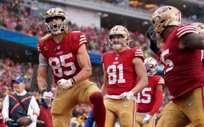 George Kittle celebrates after his two-point conversion catch
