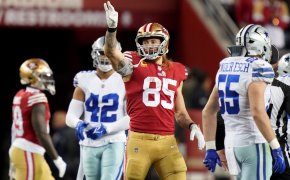 George Kittle celebrates a first down