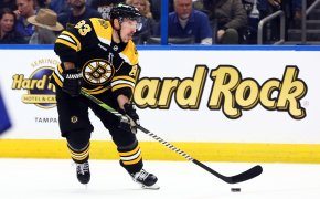 Boston Bruins left wing Brad Marchand skates and scores a goal