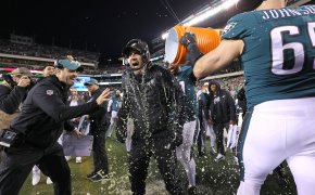 Philadelphia Eagles head coach Nick Sirianni is showered in Gatorade by his players