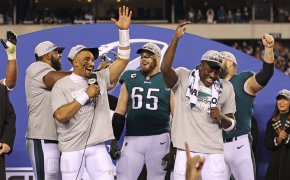 Philadelphia Eagles players celebrate going to Super Bowl 57