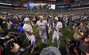 Philadelphia Eagles players celebrate making the Super Bowl