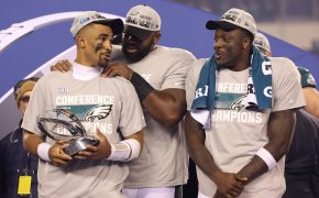 Philadelphia Eagles players celebrate after winning the NFC Championship Game