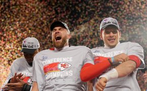 Travis Kelce and Patrick Mahomes celebrate their AFC Championship victory