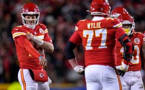 Patrick Mahomes and his offensive lineman during the AFC Championship Game