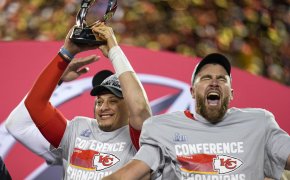 Chiefs players Patrick Mahomes and Travis Kelce celebrate winning the AFC Championship
