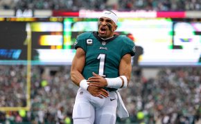 Philadelphia Eagles quarterback Jalen Hurts celebrates