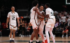 Miami Hurricanes guard Nijel Pack is congratulated by teammates
